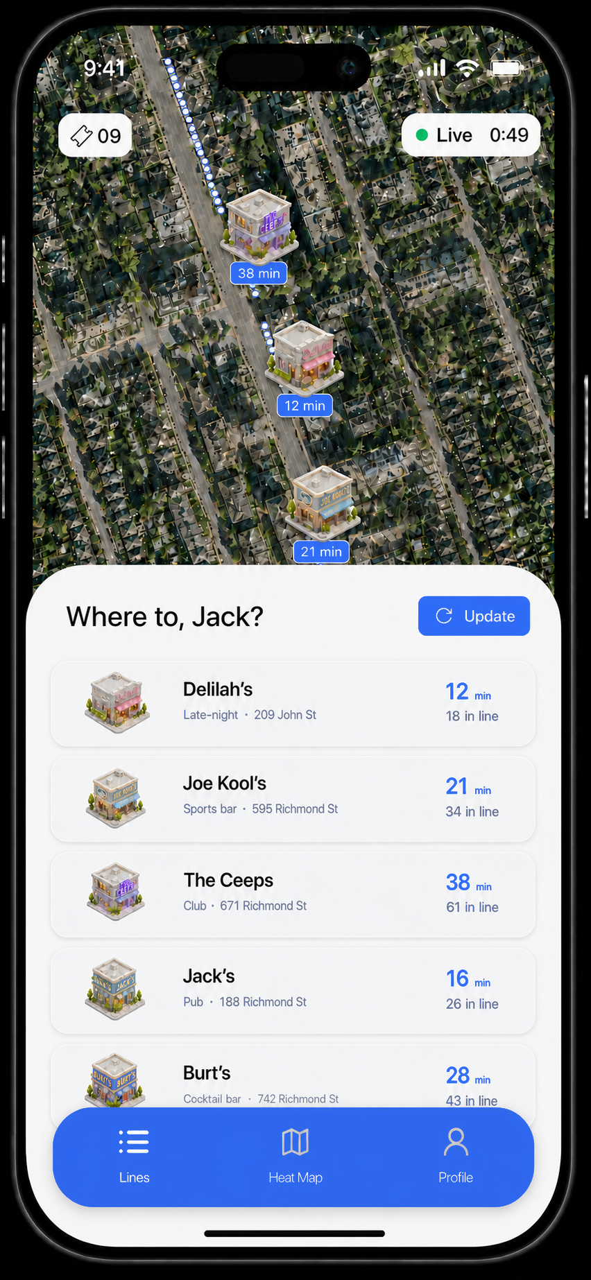 Maven app showing live venue lines on a London map